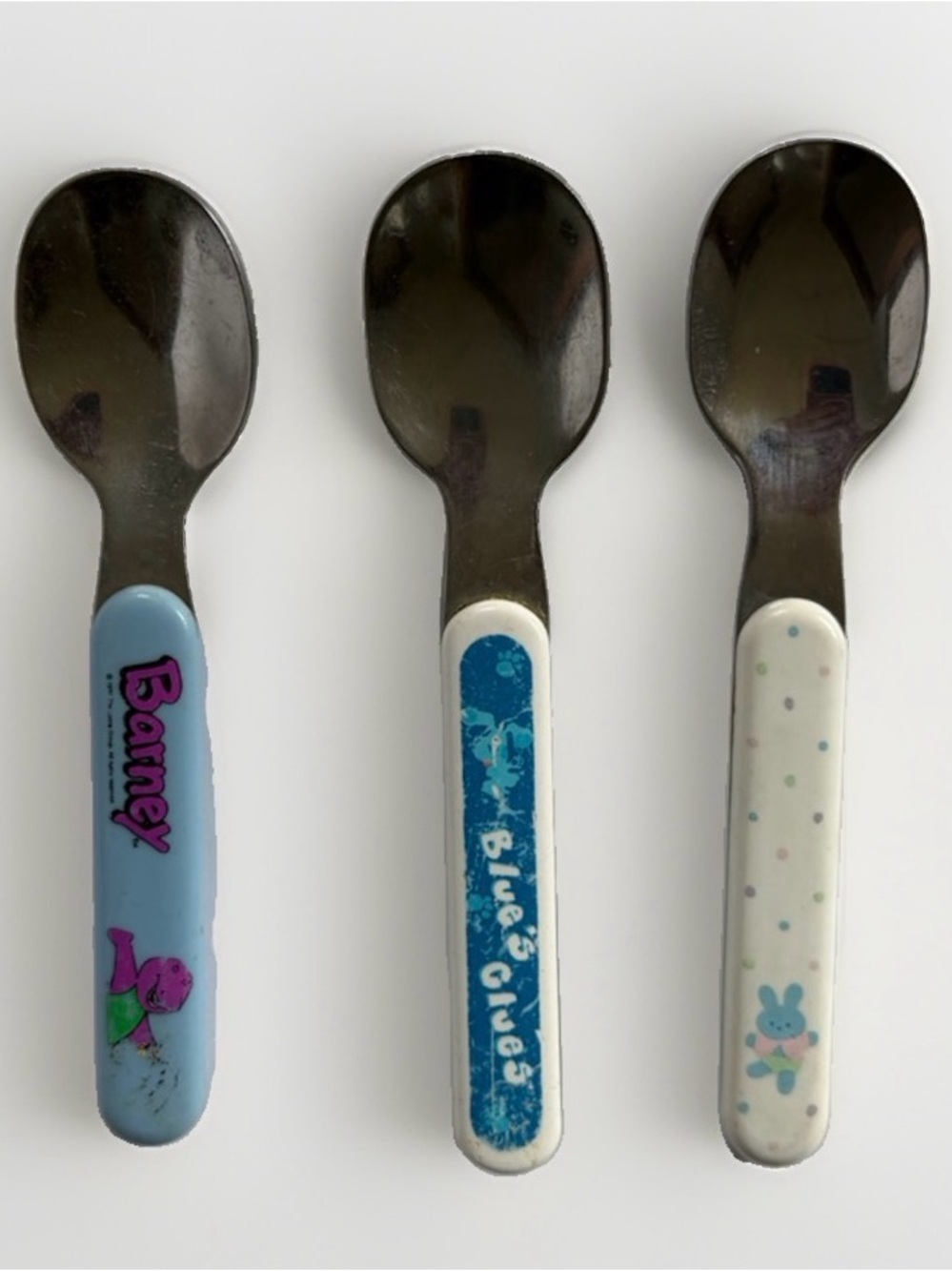 Vintage 90s Toddler Spoon Lot Barney Blues Clues Bunny Stainless Steel Flatware
